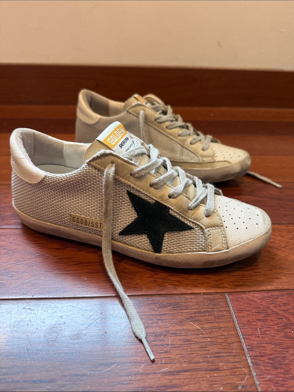 Golden Goose women’s Super-Star: leather, mesh, black star. Size 38 / 37